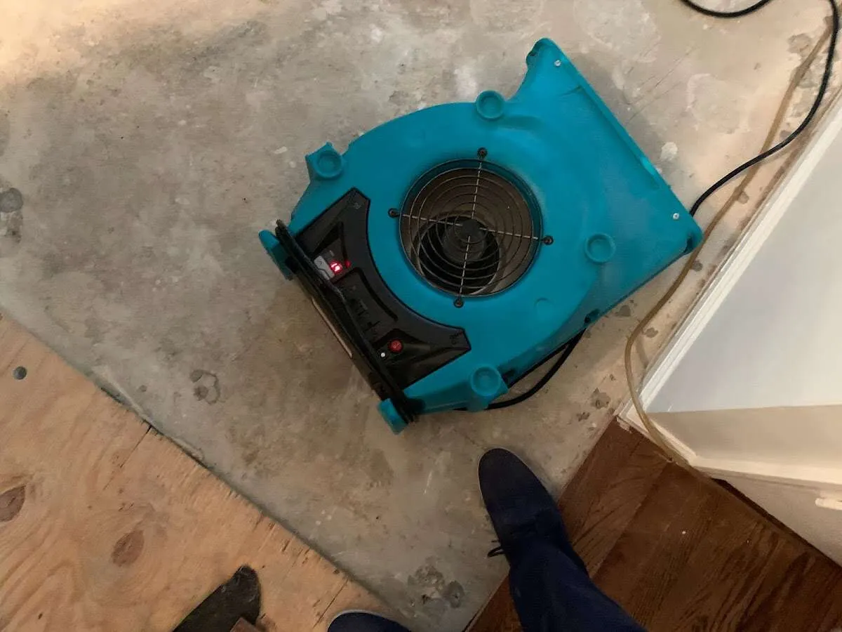 Air mover drying subfloor during Leak Detection & Repair in Huntsville